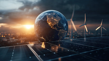 Abstract 3D globe with solar panels and wind turbines, symbolizing renewable energy.の素材