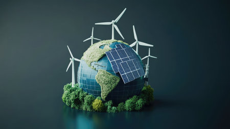 Abstract 3D globe with wind turbines and solar panels, representing global clean energy.の素材