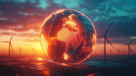 Abstract 3D globe with glowing solar panels and wind turbines, representing clean energy.の素材