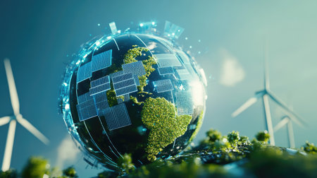 Abstract 3D globe with solar panels and wind turbines, symbolizing a green energy future.の素材