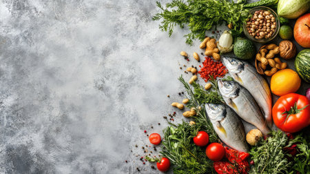 A vibrant assortment of fresh vegetables, fish, nuts, and fruits spread across a textured concrete background. Perfect for promoting healthy eating with ample copy space.の素材