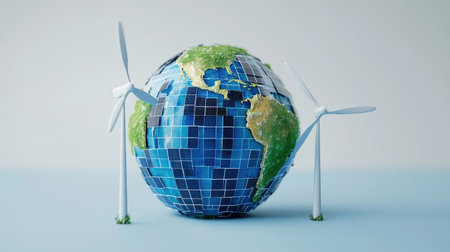 Abstract 3D globe with solar panels and wind turbines, symbolizing renewable energy.の素材