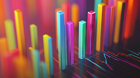 Abstract 3D financial graph with colorful bars and lines, showcasing financial trends.の素材