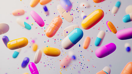 A vibrant mix of colorful pills cascading onto a light grey backdrop, creating a dynamic and visually striking scene.の素材