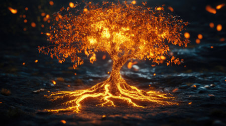 Abstract 3D tree with bright, glowing leaves and roots, representing vitality and nature.の素材