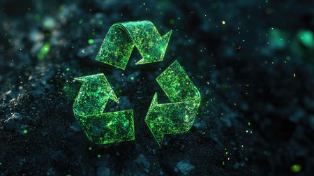 Abstract 3D recycling symbol with radiant green elements on a dark background, emphasizing eco-friendly actions. cの素材