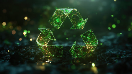 Abstract 3D recycling symbol with radiant green elements on a dark background, emphasizing eco-friendly actions. cの素材