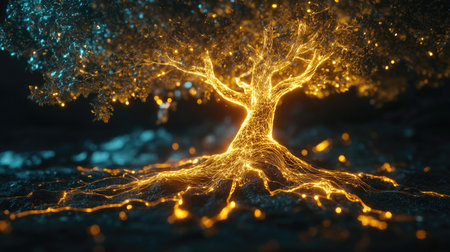 Abstract 3D tree with glowing leaves and roots, highlighting the interconnectedness of nature.の素材
