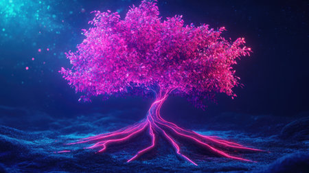 Abstract 3D tree with neon leaves and roots, creating a futuristic and magical atmosphere.の素材