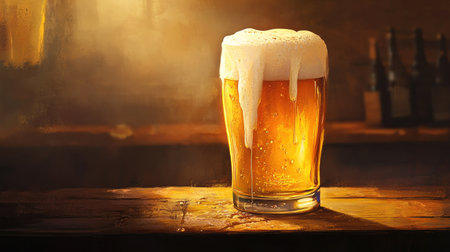 Beer with a golden hue and frothy head, softly illuminated by warm light, creating a comforting scene. -の素材