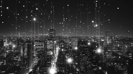 Black and white smart city with data communication flow network, communication technology conceptの素材