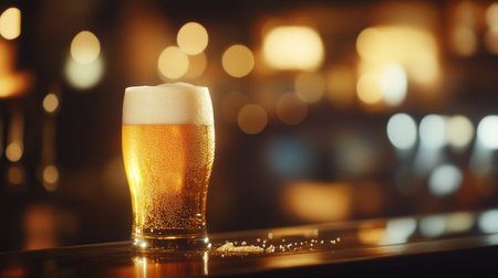 Beer with a golden glow and frothy head, captured in warm, soft light, creating a comforting atmosphere.の素材