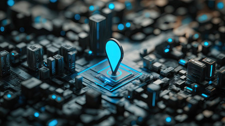 Black and white smart city with blue location sign, communication technology conceptの素材