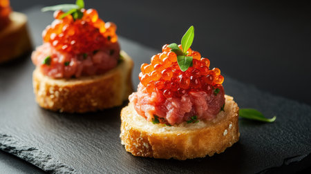 Brioche canap with a generous topping of raw beef tartar and red salmon caviar, set against a black slate background. -の素材