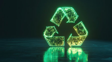 Bright 3D recycling symbol with luminous green arrows, promoting eco-friendly actions.の素材