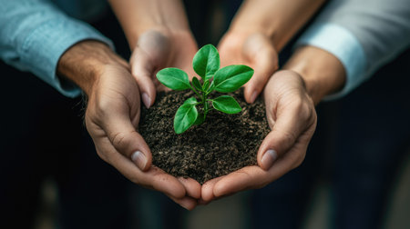 Business hands holding green plants together are the symbol of green business company. agriculture and collaboration in a green business. Ecosystem and Organization Development Cooperation.の素材