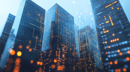 Blockchain network on blurred skyscrapers background. Financial technology and communication concept.の素材