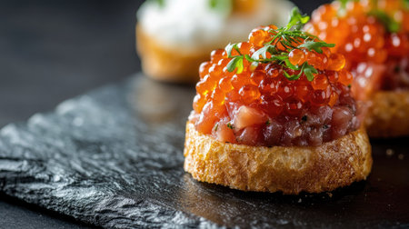 Brioche canap with a generous topping of raw beef tartar and red salmon caviar, set against a black slate background. -の素材