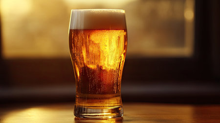 Beer in a glass, golden in color, with a frothy head, softly illuminated by warm light for a cozy feel.の素材