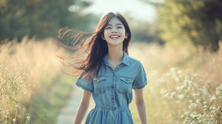 Cheerful Asian girl in a denim dress, walking along a path, looking happy and carefree.の素材