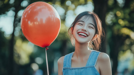 Cheerful Asian girl in a denim dress, holding a balloon and looking delighted.の素材