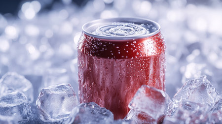 Can of cold beverage in a bed of ice cubes, with condensation forming, creating a cool and refreshing look.の素材