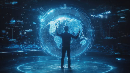 Businessman presenting futuristic business world metaverse graphic. In the form of innovation in digital business processing technology, innovation of the 21st century -の素材