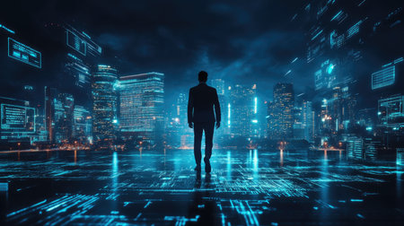 Business technology concept, Professional business man walking on future Pattaya city background and futuristic interface graphic at night, Cyberpunk color styleの素材