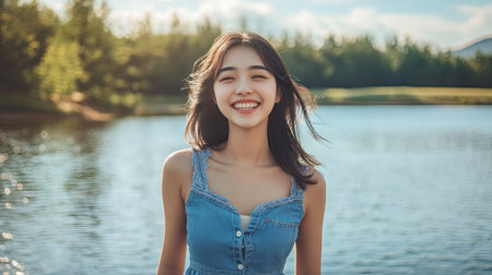 Cheerful Asian girl in a denim dress, standing by a lake, smiling and enjoying the view.の素材