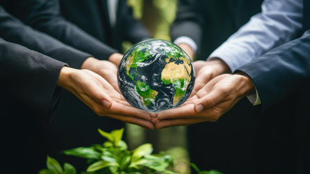 Businessmen holding world to Organization Sustainable development environmental. Sustainable business or green company Concept. business responsible environmental, social and governance.の素材
