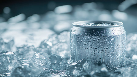 Can of cold beverage resting on ice cubes, water droplets visible, creating a cool and refreshing visual.の素材