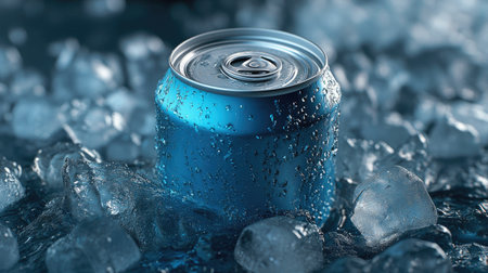 Can of cold beverage in a bed of ice cubes, with condensation forming, creating a cool and refreshing look.の素材