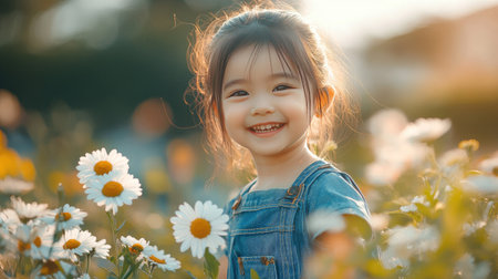 Cheerful Asian girl in a denim dress, playing with flowers in a garden, radiating happiness.の素材