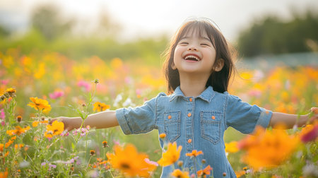 Cheerful Asian girl in a denim dress, exploring a flower field, looking joyful and free.の素材