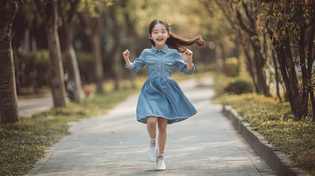Cheerful Asian girl in a denim dress, skipping down a path, full of joy and energy.の素材