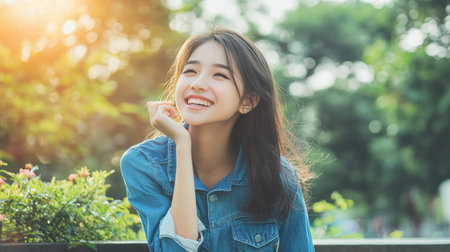 Cheerful Asian girl in a denim dress, sitting on a fence, looking content and happy.の素材