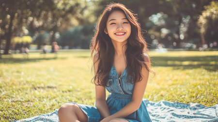 Cheerful Asian girl in a denim dress, sitting on a picnic blanket, radiating happiness.の素材