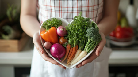 Close-up of a nutritionist holding a heart-shaped plate with an assortment of fresh veggies.の素材