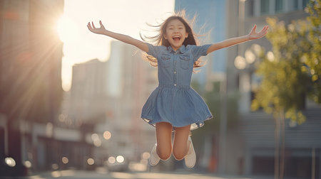 Cheerful Asian girl in a denim dress, jumping in the air with excitement and joy.の素材