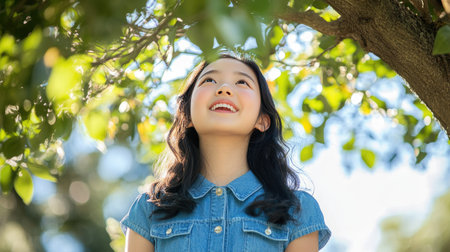 Cheerful Asian girl in a denim dress, standing under a tree, looking up with a joyful smile.の素材