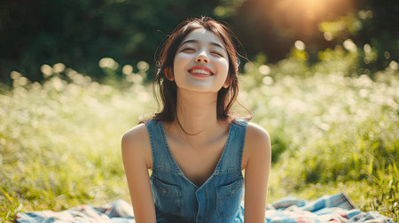 Cheerful Asian girl in a denim dress, sitting on a picnic blanket, radiating happiness.の素材