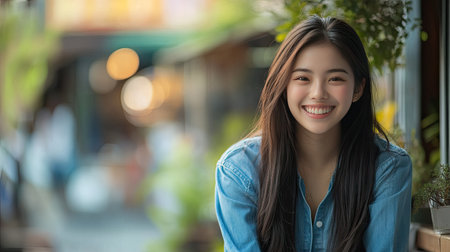 Cheerful Asian girl in a denim dress, sitting on a bench with a big smile on her face. -の素材