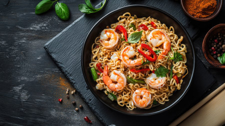 Close-up flat lay of instant noodles with spicy seafood stir fry and assorted spices, displayed on a black slate with a wooden board background. -の素材