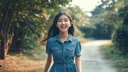 Cheerful Asian girl in a denim dress, walking along a path, looking happy and carefree.の素材