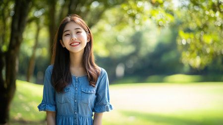 Cheerful Asian girl in a denim dress, standing in a park with a joyful expression.の素材