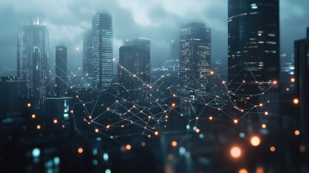 City scape and network icon connection conceptの素材