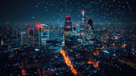 City of London view at night, business network connections concept.の素材