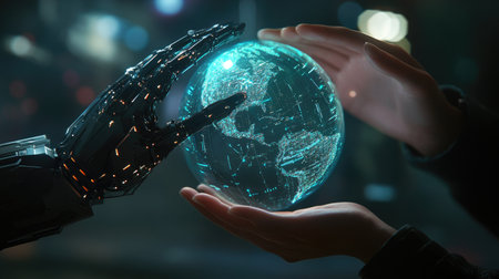 Close-up of robot and human hands holding a 3D holographic earth with digital data streams.の素材