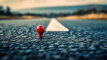 Close-up of a red map pin on a modern, digitally enhanced road surface. -の素材