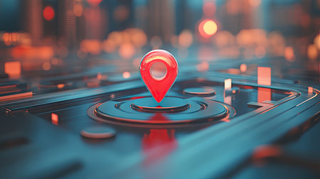 Close-up of a red map pin on a futuristic smart city road with transparent surfaces.の素材